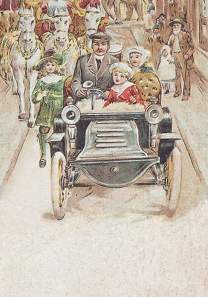 Father with children driving vintage car in city 1900