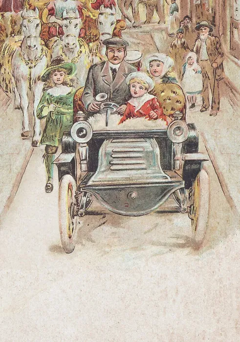 Framed Print : Father with children driving vintage car in city 1900 Framed Print : Father with children driving vintage car in city 1900