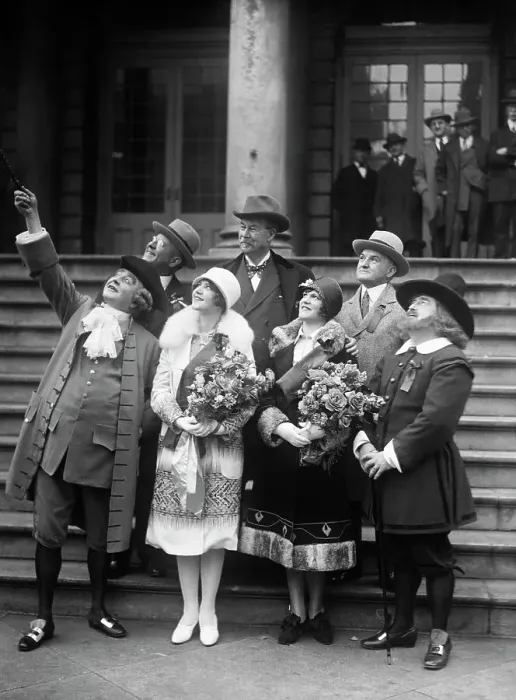Framed Print : Father Knickerbocker Pointing Out Features to Beauty Queens Framed Print : Father Knickerbocker Pointing Out Features to Beauty Queens