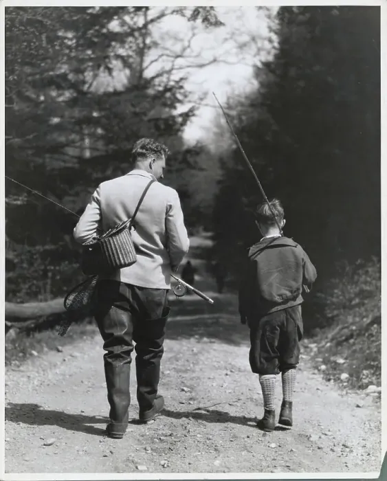 Framed Print : Father and Son Strolling for Fishing in Wooded Area Framed Print : Father and Son Strolling for Fishing in Wooded Area