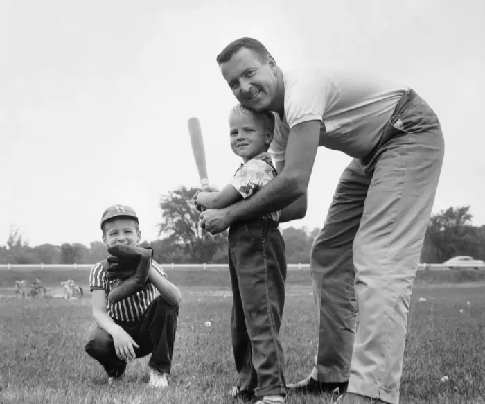 Framed Print : Father and two sons playing baseball Framed Print : Father and two sons playing baseball