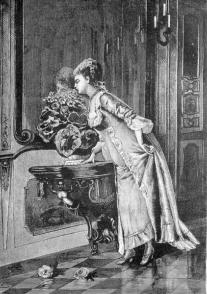 Favorite flower, fine lady smells a bouquet of flowers standing in front of a mirror, France, Historic, historical, digitally improved reproduction of an original from the 19th century