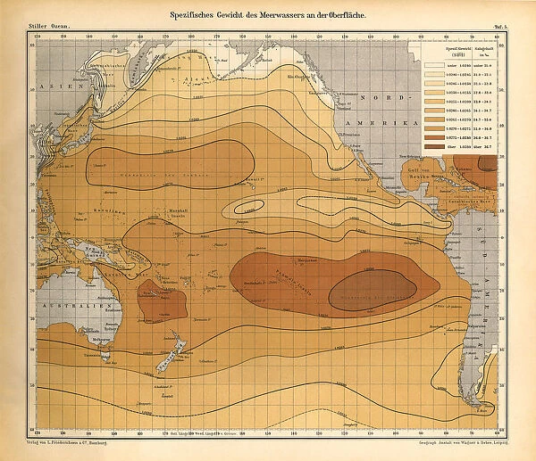 February Mean Temperature of Seawater at the Surface, Pacific Ocean, German Antique Victorian Engraving, 1896