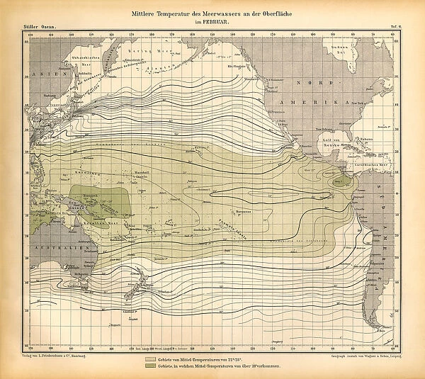 February Mean Temperature of Seawater at the Surface Chart, Pacific Ocean, German Antique Victorian Engraving, 1896