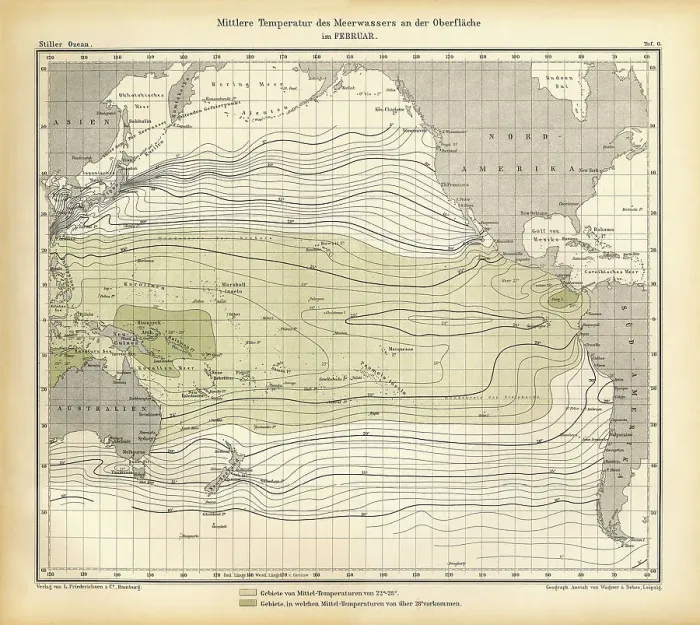 Framed Print : February Mean Temperature of Seawater at the Surface Chart, Pacific Ocean, German Antique Victorian Engraving, 1896 Framed Print : February Mean Temperature of Seawater at the Surface Chart, Pacific Ocean, German Antique Victorian Engraving, 1896
