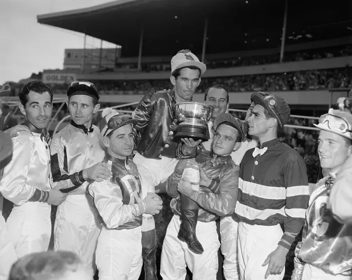 Framed Print : Fellow Jockeys Carrying Willie Shoemaker on Their Shoulders Framed Print : Fellow Jockeys Carrying Willie Shoemaker on Their Shoulders