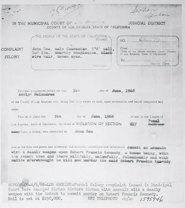 Framed Print : Felony Complaint to Sirhan B. Sirhan Framed Print : Felony Complaint to Sirhan B. Sirhan