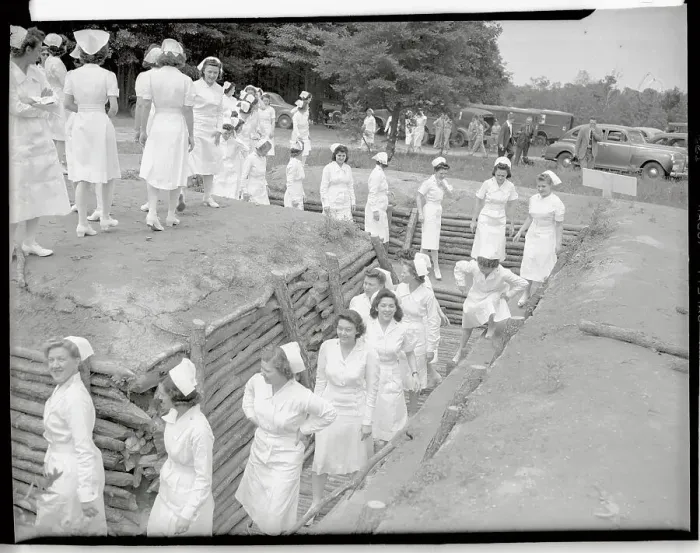 Framed Print : Female Army Nurses Entering Trenches During Gas Tests Framed Print : Female Army Nurses Entering Trenches During Gas Tests