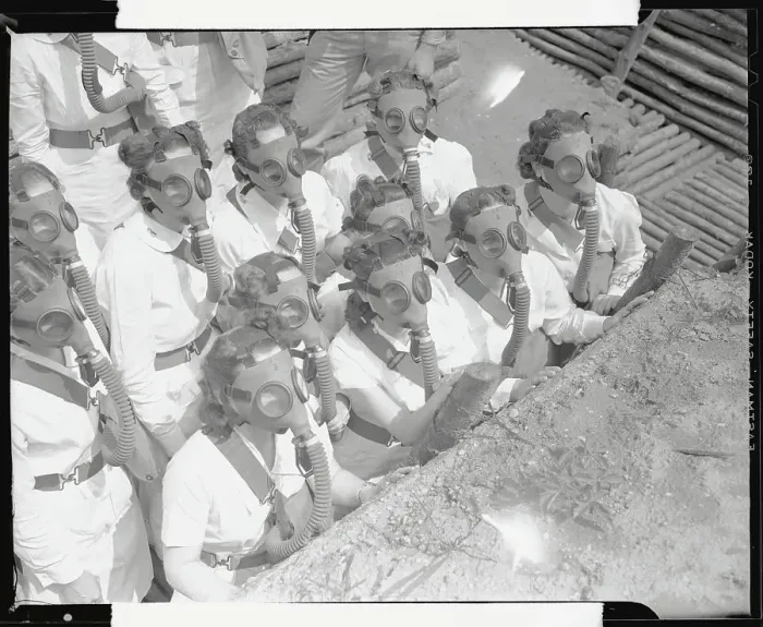 Framed Print : Female Army Nurses Wearing Gas Masks in Trench Framed Print : Female Army Nurses Wearing Gas Masks in Trench