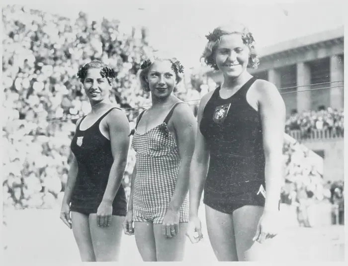 Framed Print : Female Champion Swimmers Posing Together Framed Print : Female Champion Swimmers Posing Together
