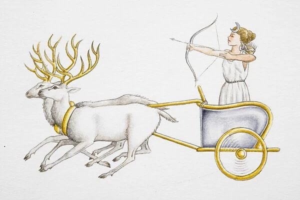 Female fairy tale character with bow and arrow, standing in chariot pulled by reindeer