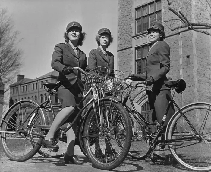 Framed Print : Three Female Marine Cadets Riding Bicycles Framed Print : Three Female Marine Cadets Riding Bicycles
