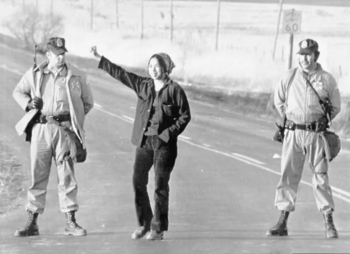 Framed Print : Female Protester Raises Fist During the Wounded Knee Occupation of 1973 Framed Print : Female Protester Raises Fist During the Wounded Knee Occupation of 1973