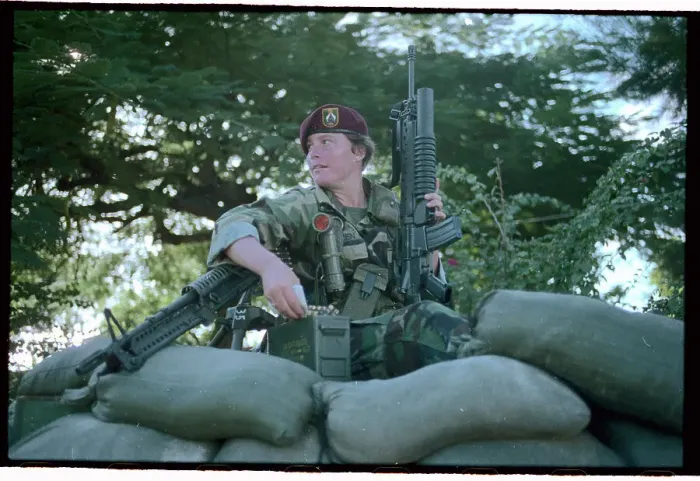 Framed Print : Female Soldier Holding Grenade Launcher Framed Print : Female Soldier Holding Grenade Launcher