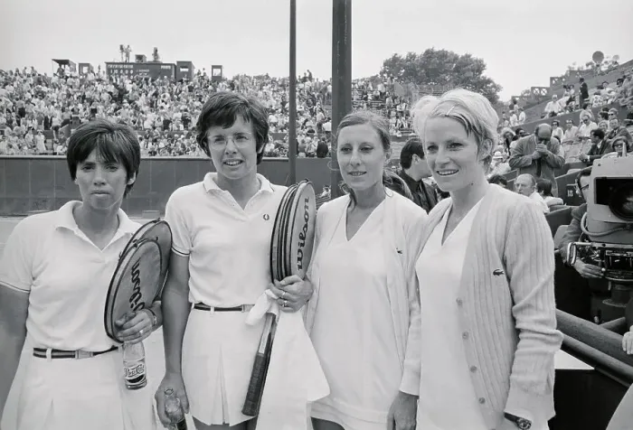 Framed Print : Female Tennis Rivals Posing on Court