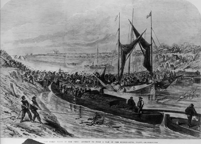 Framed Print : Fen Flood. 24th May 1862: An attempt to form a dam in the middle-level Framed Print : Fen Flood. 24th May 1862: An attempt to form a dam in the middle-level