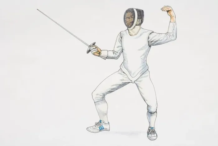 Framed Print : Fencer standing poised, crouching with legs apart, one arm holding up saber in front, other arm bent up behind, side view Framed Print : Fencer standing poised, crouching with legs apart, one arm holding up saber in front, other arm bent up behind, side view