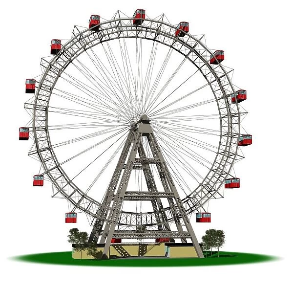 Ferris wheel with red cars, front view