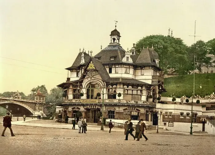 Framed Print : Ferry Building, Seaward and Karsten Miles Bridge in Hamburg, c. 1890, Germany, Historic, digitally restored reproduction from a 19th century original