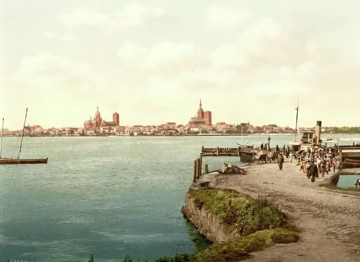 Framed Print : Ferry in Stralsund in Mecklenburg-Western Pomerania, Germany, Historical, Photochrome print from the 1890s Framed Print : Ferry in Stralsund in Mecklenburg-Western Pomerania, Germany, Historical, Photochrome print from the 1890s