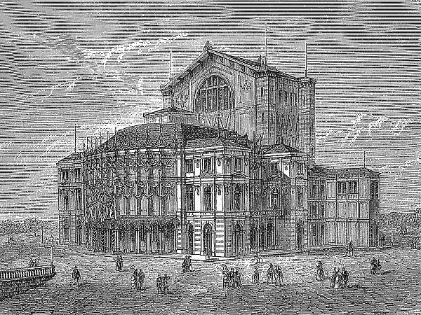 The Festival Theatre, c. 1870, digitally restored reproduction of an original 19th century painting, exact original date unknown, Wagner Theatre in Bayreuth, Upper Franconia, Bavaria, Germany
