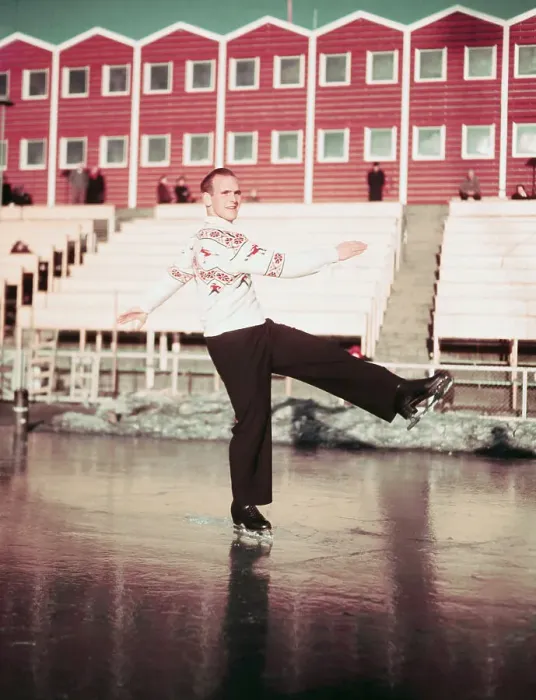Framed Print : Figure Skater Dick Button Practicing at Olympic Games Framed Print : Figure Skater Dick Button Practicing at Olympic Games
