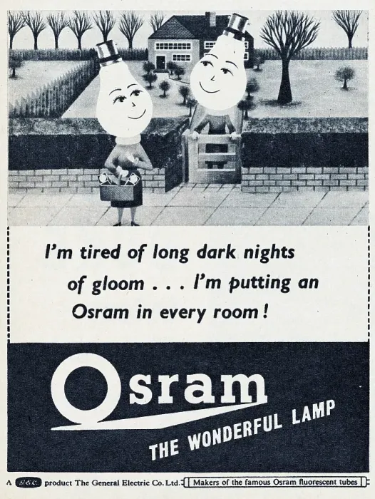 Framed Print : Osram. 1957: Two figures with light bulbs for heads chat over a garden Framed Print : Osram. 1957: Two figures with light bulbs for heads chat over a garden