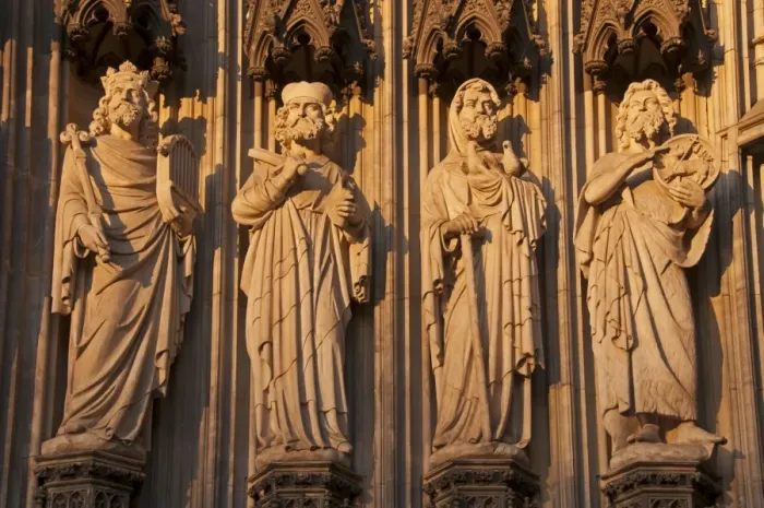 Framed Print : Figures of saints on the main portal, west facade, Cologne Cathedral, Cologne, North Rhine-Westphalia, Germany