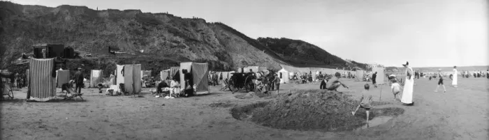 Framed Print : Filey Fun. 1913: Children building a sand mound with a moat Framed Print : Filey Fun. 1913: Children building a sand mound with a moat
