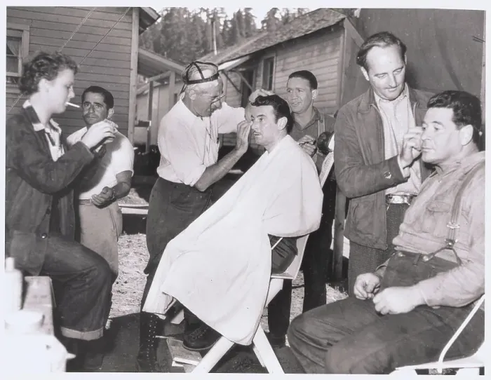 Framed Print : Film Crew Shaving Actors Outdoors Framed Print : Film Crew Shaving Actors Outdoors