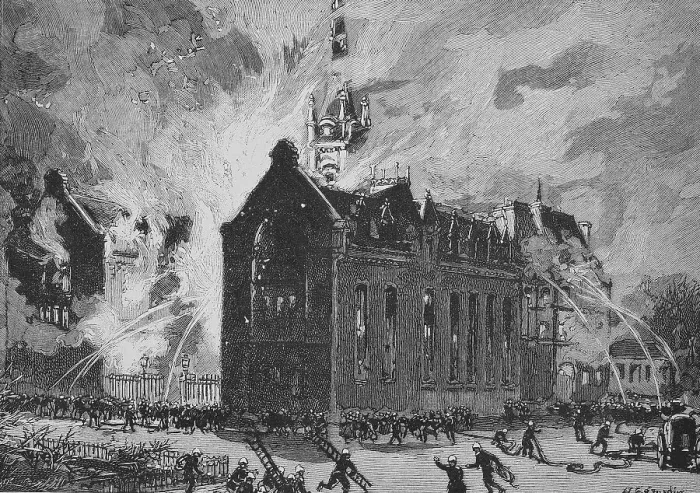 Framed Print : The fire at the Benedictine distillery in Fecamp, France, Historical, digitally restored reproduction of an original 19th-century artwork