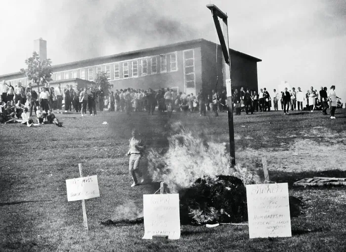 Framed Print : Fire Burning on Campus Lawn During Anti Integration Protest Framed Print : Fire Burning on Campus Lawn During Anti Integration Protest