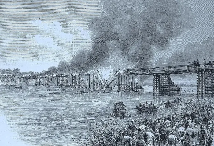 Framed Print : The Fire of the Great Oder Bridge in Glogau, Germany, Historic, digital reproduction of an original 19th-century artwork Framed Print : The Fire of the Great Oder Bridge in Glogau, Germany, Historic, digital reproduction of an original 19th-century artwork