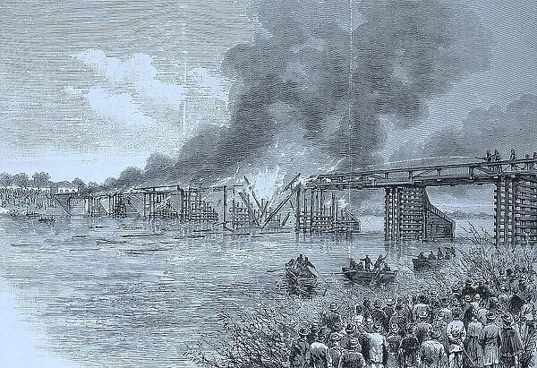 The Fire of the Great Oder Bridge in Glogau, Germany, Historic, digital reproduction of an original 19th-century artwork