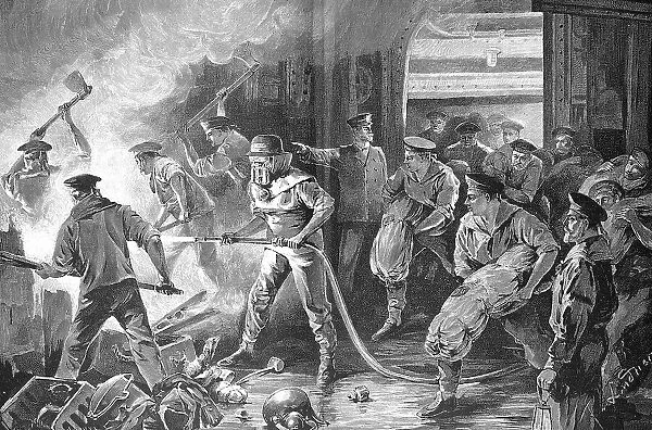 Fire on a merchant ship, the sailors trying to extinguish the fire, 1880, Germany, digitally restored reproduction of an original 19th-century painting