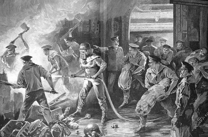 Framed Print : Fire on a merchant ship, the sailors trying to extinguish the fire, 1880, Germany, digitally restored reproduction of an original 19th-century painting