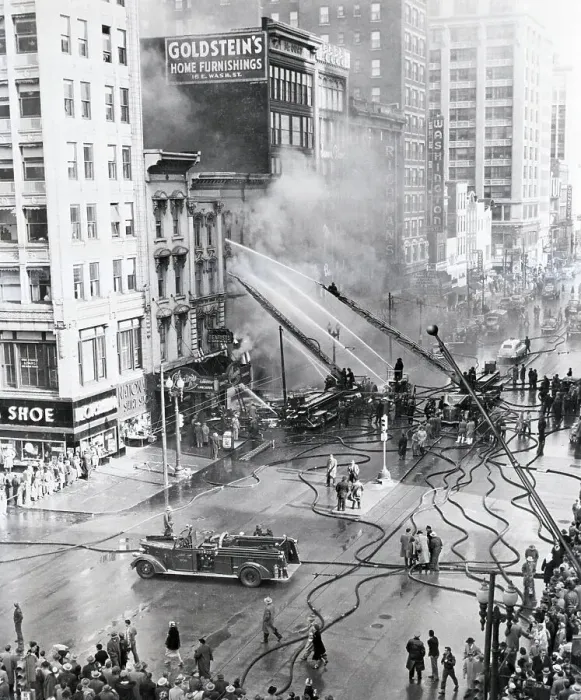 Framed Print : Fire Trucks Spraying Building Fire Framed Print : Fire Trucks Spraying Building Fire