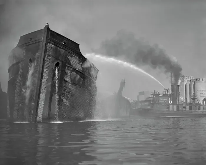 Framed Print : Fireboat Dousing Wooden Ship Framed Print : Fireboat Dousing Wooden Ship