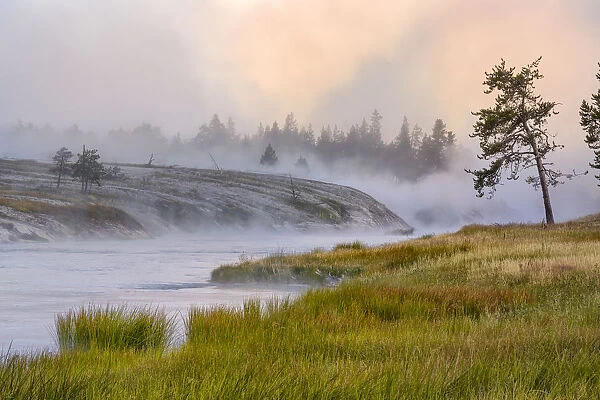 Firehole River in fog at sunrise, Yellowstone National Park, Wyoming, USA