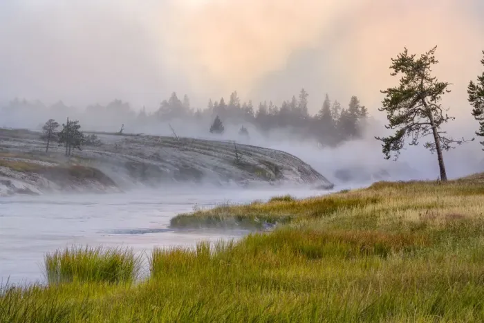 Framed Print : Firehole River in fog at sunrise, Yellowstone National Park, Wyoming, USA Framed Print : Firehole River in fog at sunrise, Yellowstone National Park, Wyoming, USA
