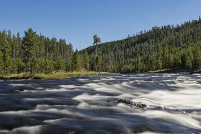 Framed Print : Firehole River and Yellowstone National Park on sunny day, Wyoming, USA