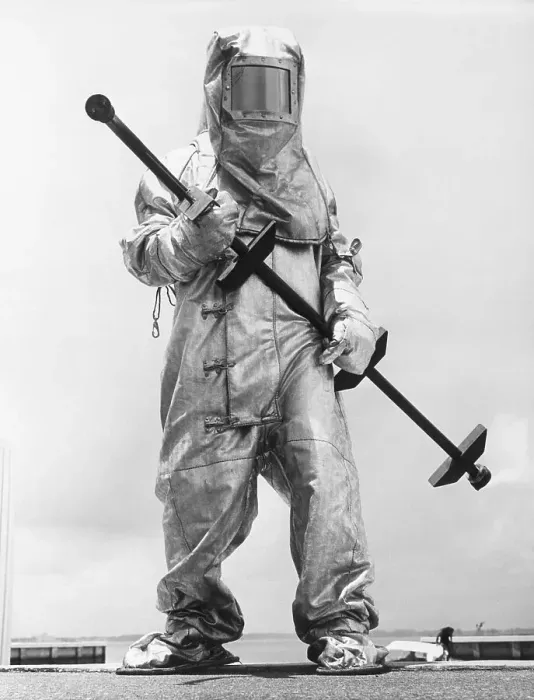 Framed Print : Fireman in Asbestos Suit with Tool Framed Print : Fireman in Asbestos Suit with Tool