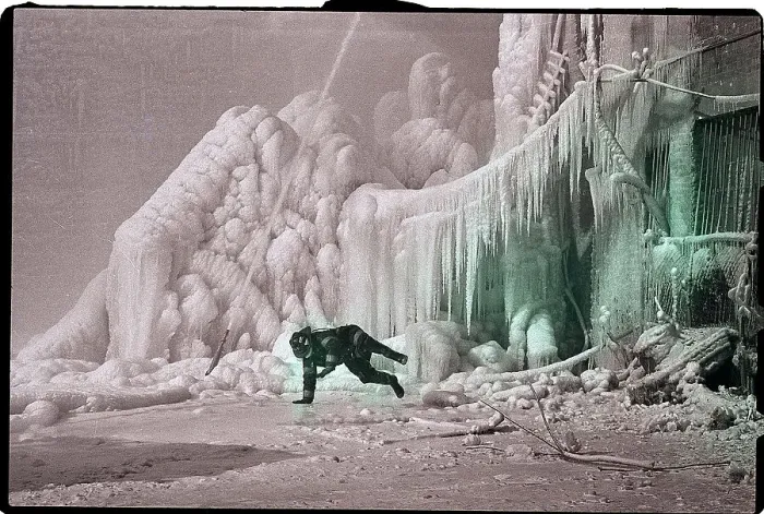 Framed Print : Fireman Slipping on Ice During a Fire Framed Print : Fireman Slipping on Ice During a Fire