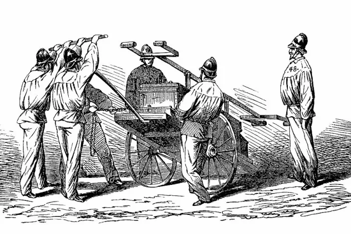 Framed Print : Firemen around 1870, Unloading a Water Sprayer, Germany, Historic, digitally restored reproduction of an original 19th century painting, exact original date not known Framed Print : Firemen around 1870, Unloading a Water Sprayer, Germany, Historic, digitally restored reproduction of an original 19th century painting, exact original date not known