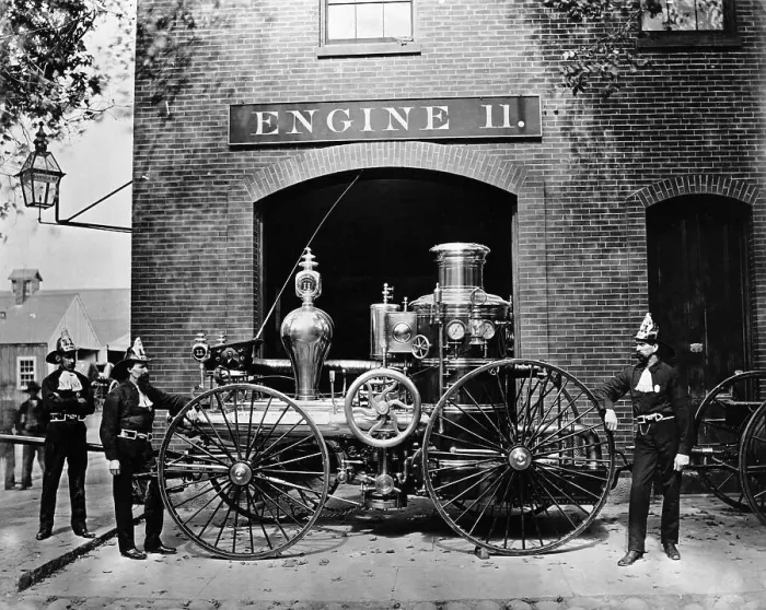 Framed Print : Firemen & Early Fire Engine At Firehouse Framed Print : Firemen & Early Fire Engine At Firehouse