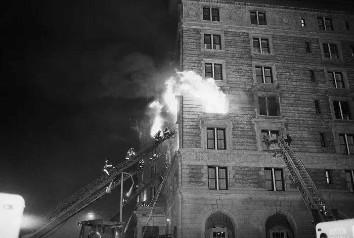 Framed Print : Firemen On Ladder At Flame-Engulfed Wind Framed Print : Firemen On Ladder At Flame-Engulfed Wind