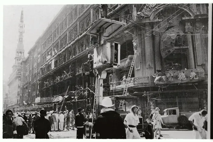 Framed Print : Firemen and Pedestrians at Department Store Fire Framed Print : Firemen and Pedestrians at Department Store Fire