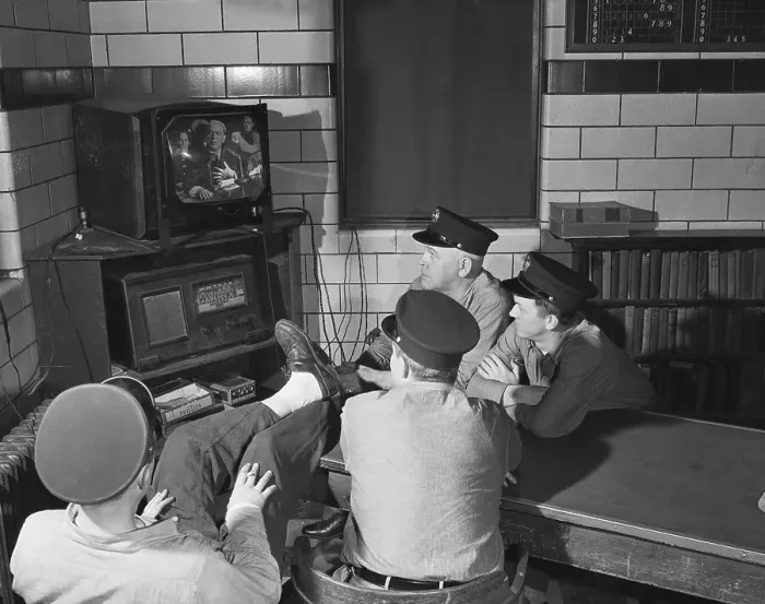 Framed Print : Firemen Seated Watching Tv Framed Print : Firemen Seated Watching Tv
