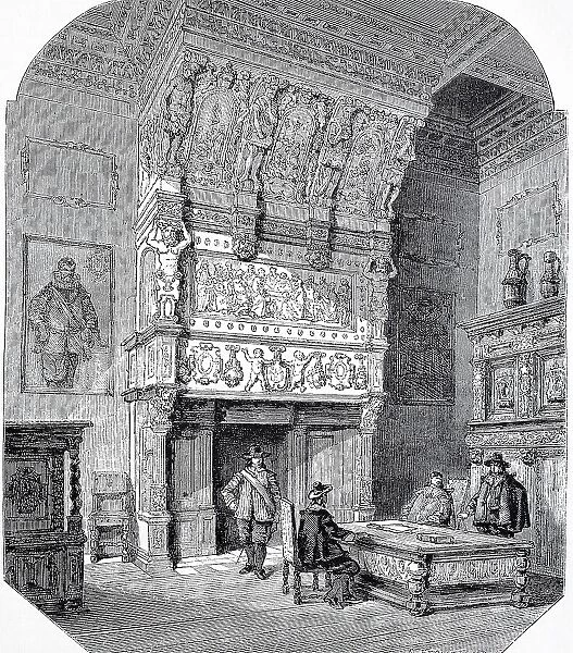 Fireplace in the Wedding Room of the Stadhuis, City Hall, of Antwerp, Belgium, Historic, digital reproduction of an original 19th-century artwork