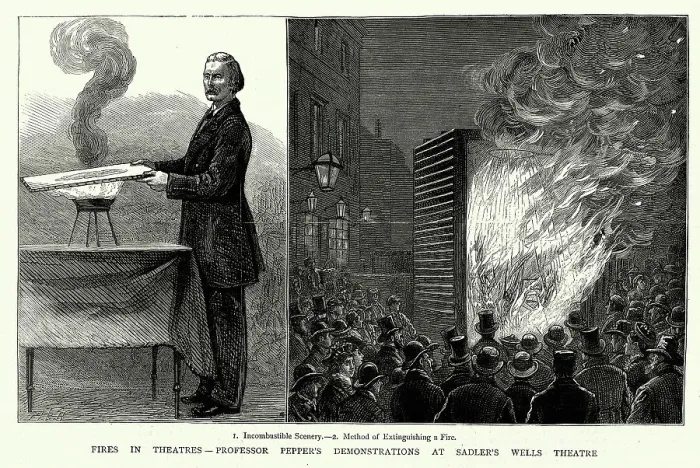 Framed Print : Fires in theatres, Professor John Henry Pepper's demonstrations at Sadler's Wells Theatre, Incombustible Scenery, Method of extinguishing a fire Framed Print : Fires in theatres, Professor John Henry Pepper's demonstrations at Sadler's Wells Theatre, Incombustible Scenery, Method of extinguishing a fire